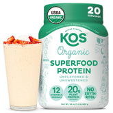 KOS vegan protein powder bottle showing unflavored formula suitable for keto