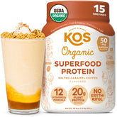 KOS vegan protein powder bag with salted caramel coffee flavor; organic ingredients for clean nutrition.
