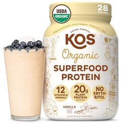 KOS vegan protein vanilla jar showing organic ingredients for a plant-based option
