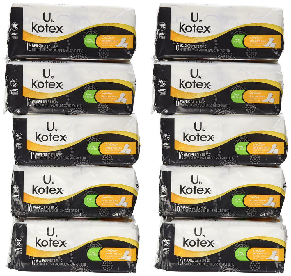 Kotex Natural Balance Absorbent Liners long pack front view showing product design and discreet use