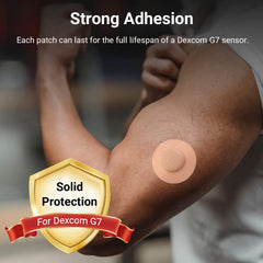 Close-up shows strong adhesion keeping the Dexcom G7 in place