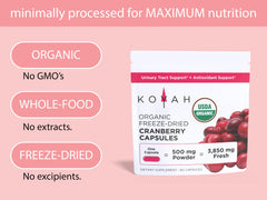 KOYAH cranberries bottle closeup emphasizes Canadian origin and vegan capsules