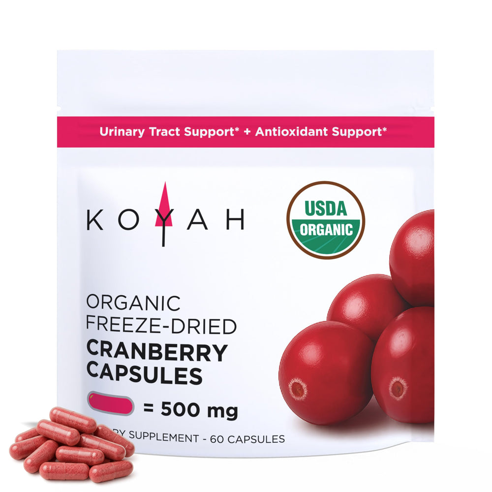 KOYAH Organic Cranberry Capsules bottle closeup showing label and antioxidant support