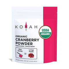 Koyah organic cranberry powder in a jar, highlighting premium quality for smoothies.