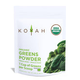 KOYAH Organic Greens Blend powder in jar with vibrant greens for daily nutrition.
