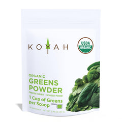 KOYAH Organic Greens Blend powder in jar with vibrant greens for daily nutrition.