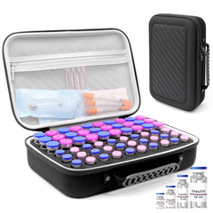 Krypthos insulin vial protector case with 60 slots keeps vials organized and secure.