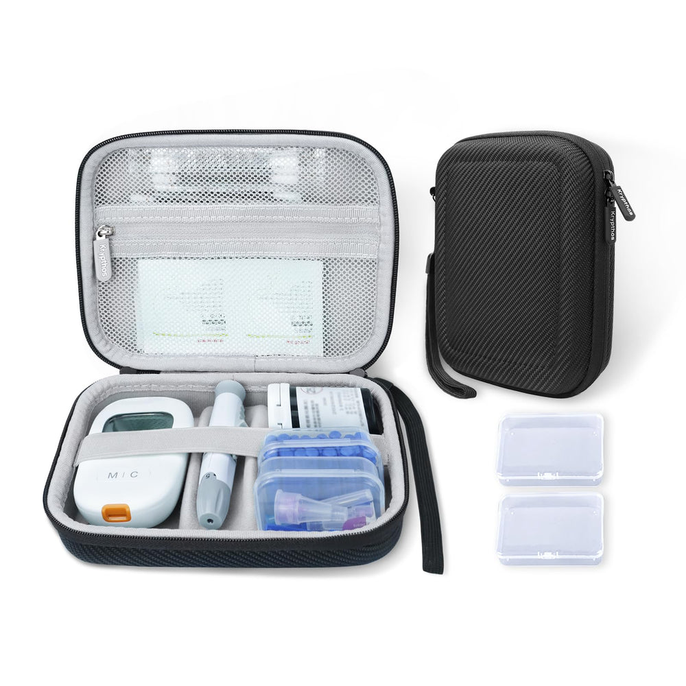 Krypthos travel case closed view protecting diabetes supplies on the go.
