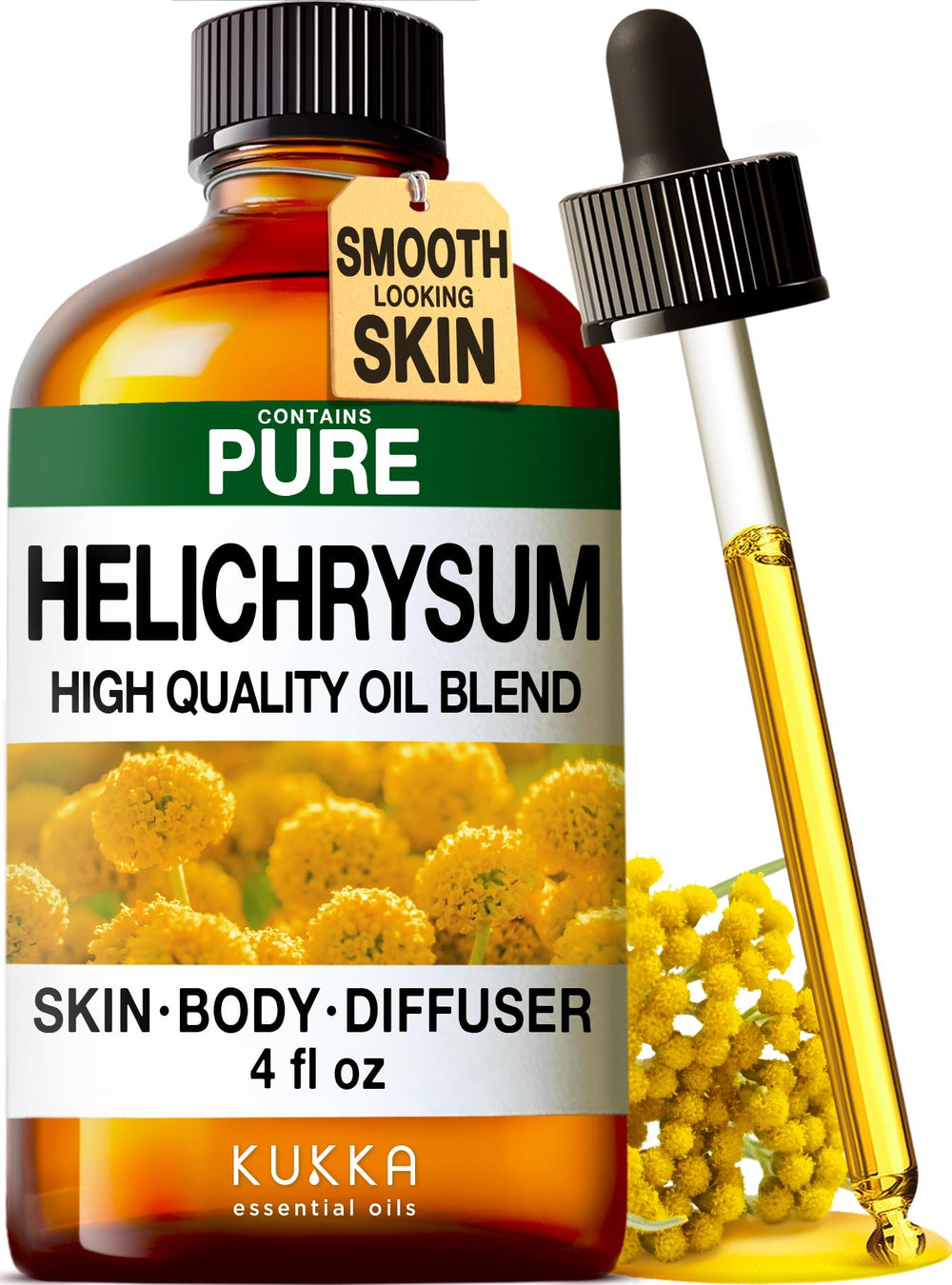 KUKKA Helichrysum oil bottle front for skin care and diffusion benefits