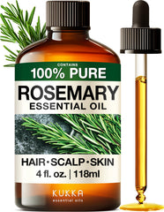 KUKKA Rosemary essential oil bottle being poured for hair nourishment.