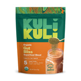 Kuli Kuli Gut Bliss powder tub front with organic ingredients for digestive comfort and daily energy.