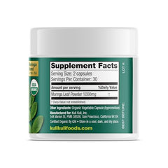 Kuli Kuli Moringa capsules bottle back showing ingredients and sourcing