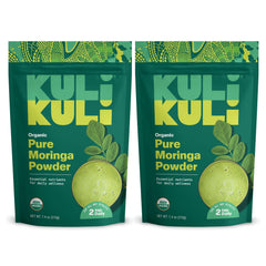 Kuli Kuli Moringa powder bottle ready to boost smoothies with leafy greens