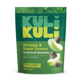 Kuli Kuli Super Energy Gummies bottle on desk for caffeine-free energy lift.
