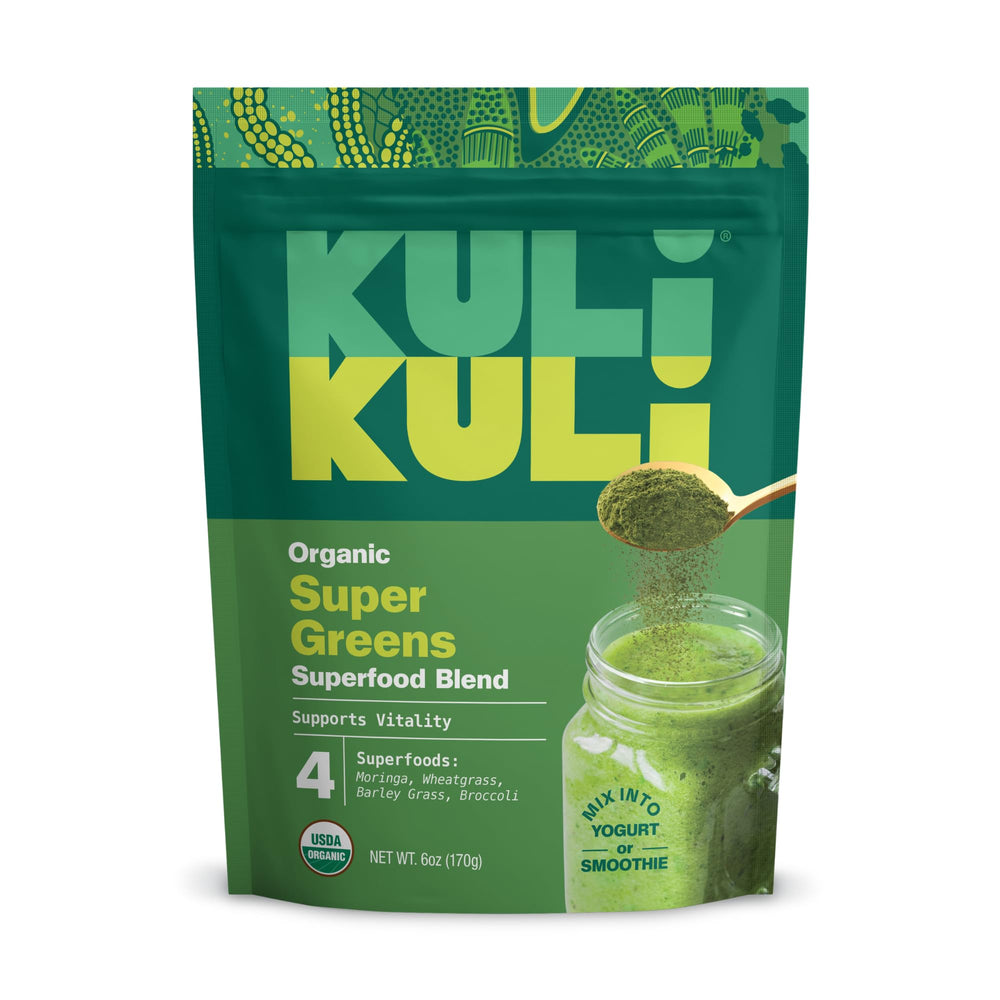Kuli Kuli Green Power bottle label close-up highlighting organic greens for sustained energy.