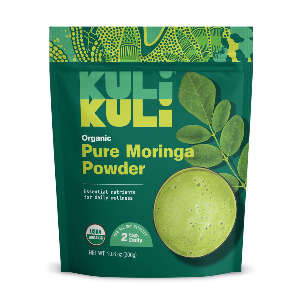 Kuli Kuli Moringa powder jar showing organic, non-GMO quality for daily greens