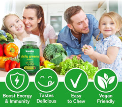 Kwala Nutrition gummies ingredients display vibrant greens, supporting energy and immune wellness