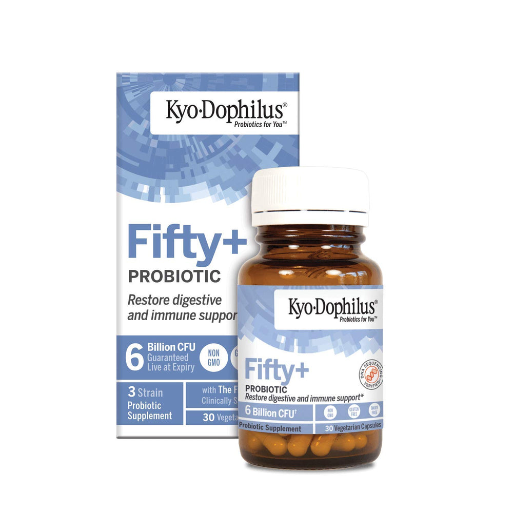 Kyo-Dophilus Fifty Plus bottle pour shows convenient daily dosing.