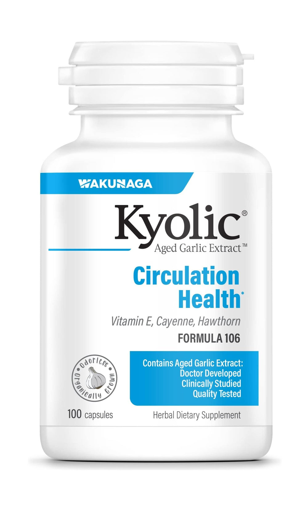 Kyolic Aged Garlic Extract bottle showing odorless circulation support