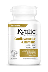 Kyolic Aged Garlic Extract bottle showing odorless formula and wellness benefits.