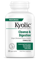 Kyolic Formula 102 bottle with odorless aged garlic extract and enzyme blend for digestion support.