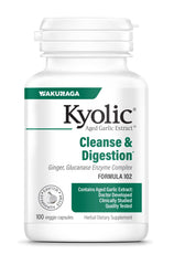 Kyolic Aged Garlic Extract Formula 102 bottle showing odorless capsules for digestion support