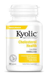 Kyolic Aged Garlic Extract Formula 104 bottle front with odorless capsules for cholesterol support.
