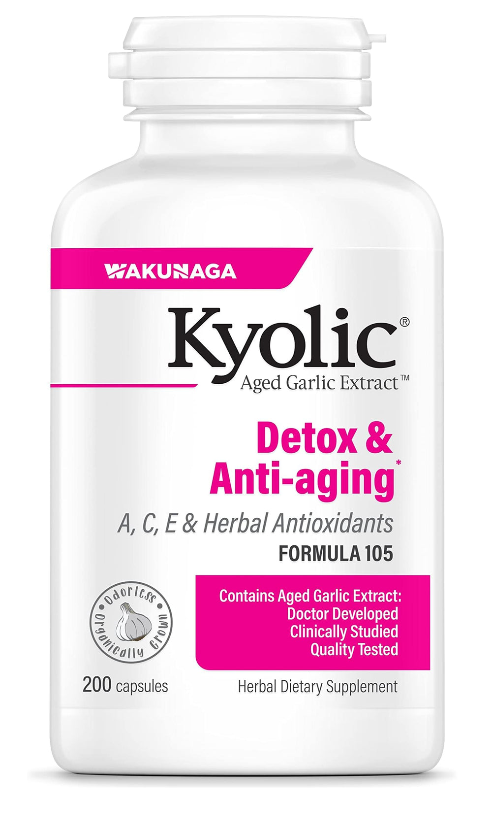 Kyolic Aged Garlic Extract Formula 105 bottle promoting odorless detox and anti-aging support.