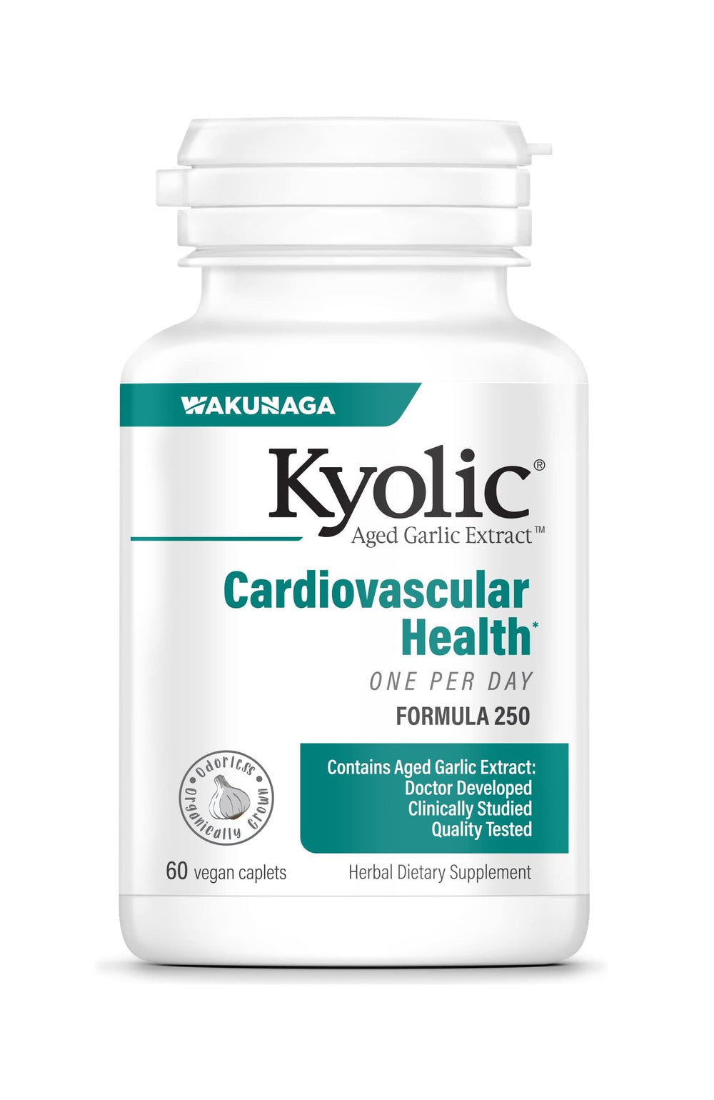 Kyolic Aged Garlic Extract Formula 250 bottle with odorless capsules supports cardiovascular function.