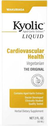 Kyolic Aged Garlic Extract liquid bottles label shows organic, odorless formula for daily use.