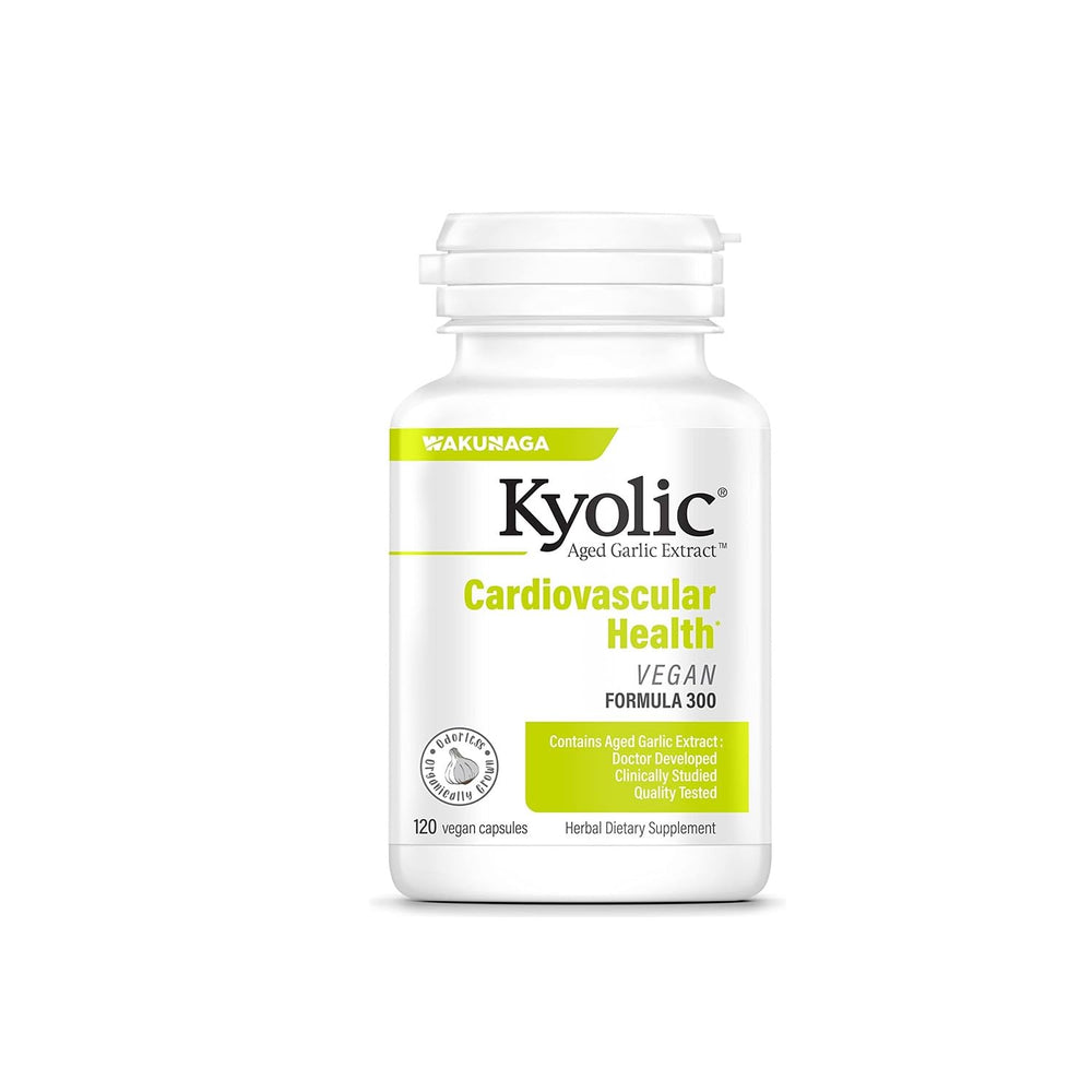 Kyolic Aged Garlic Extract Formula 300 bottle front showing odorless capsules for cardiovascular support.