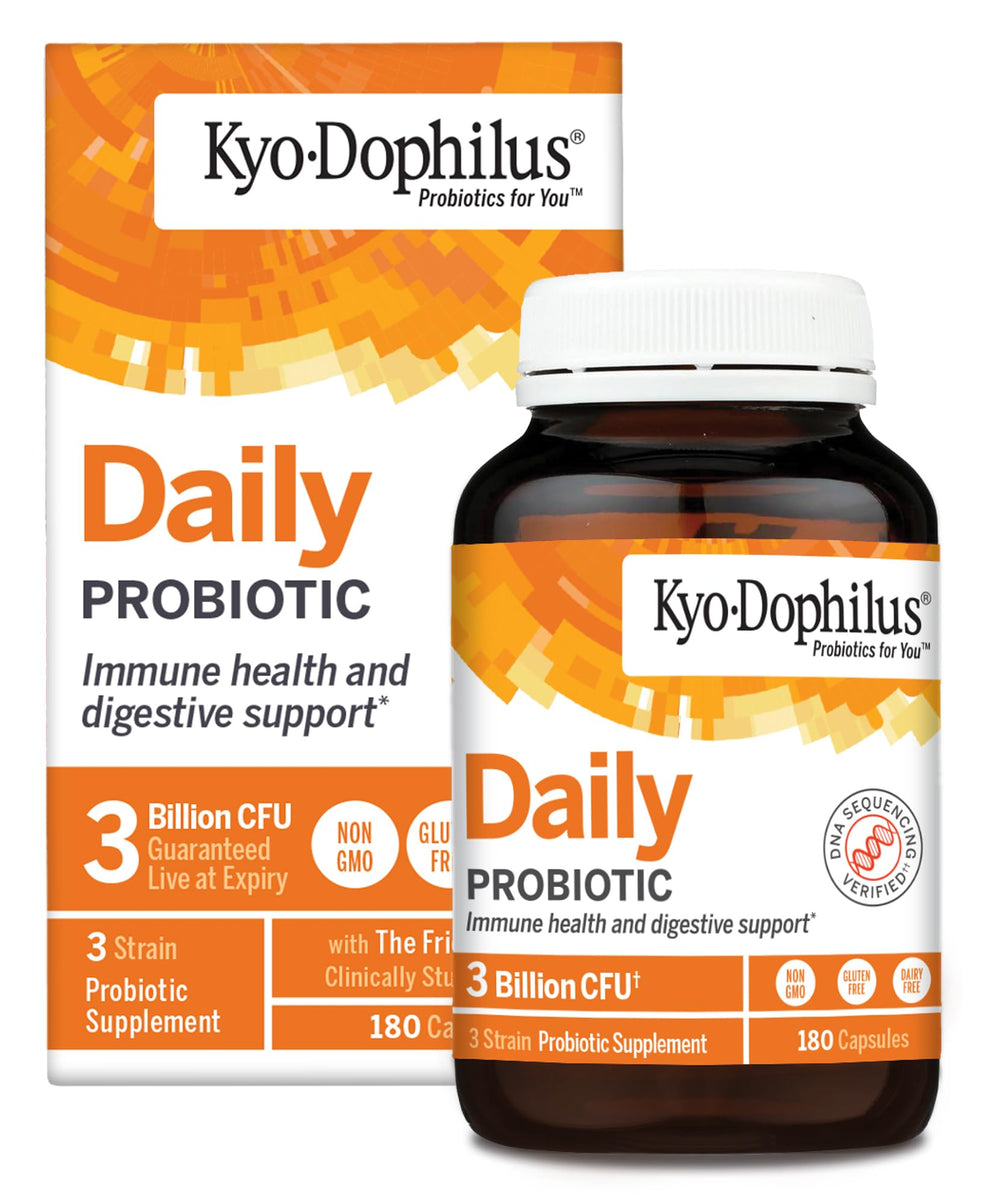 Kyolic Kyo-Dophilus daily probiotic bottle promoting digestive balance and immune support.