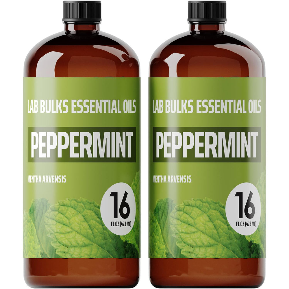 Lab Bulk Peppermint essential oil bottle pour for diffusers and DIY blends.