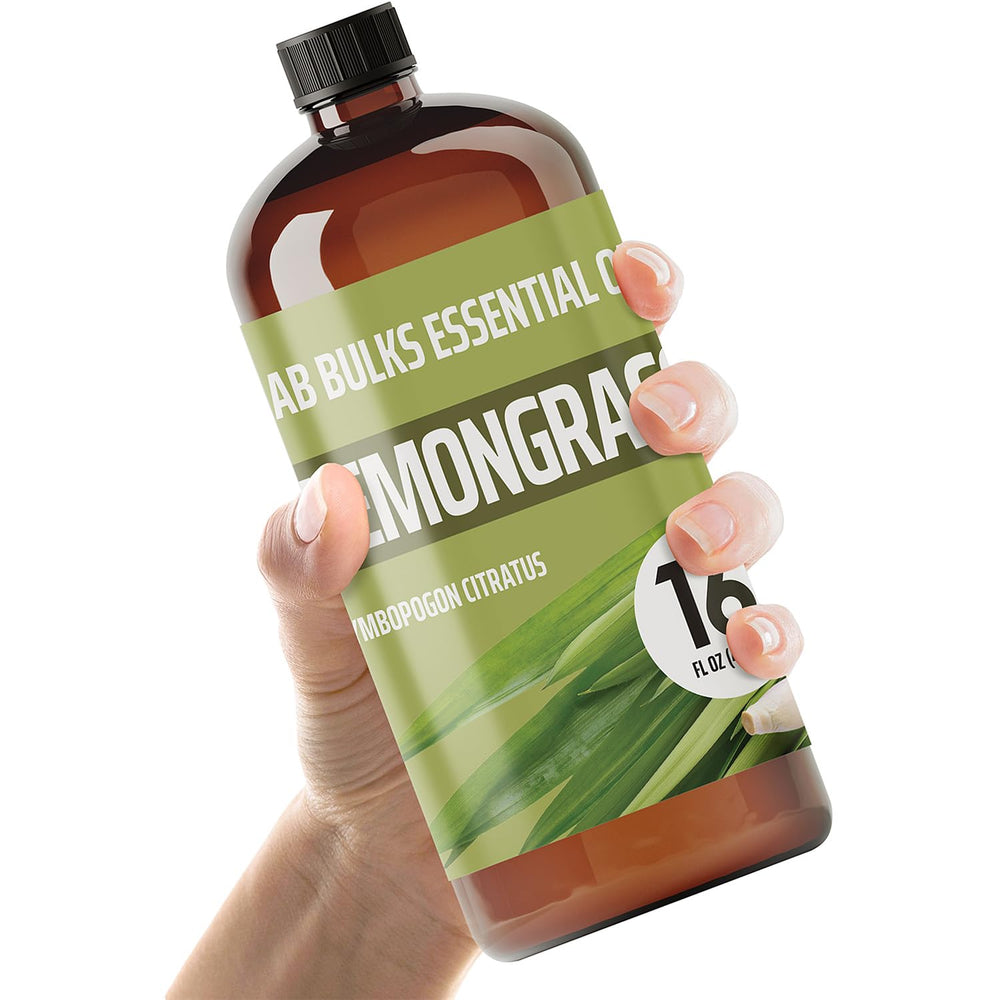 LAB BULKS Lemongrass oil bottle closeup for refreshing diffuser blends