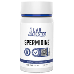 Lab Tested Supplements Spermidine 3HCL capsules in bottle, highlighting quality.