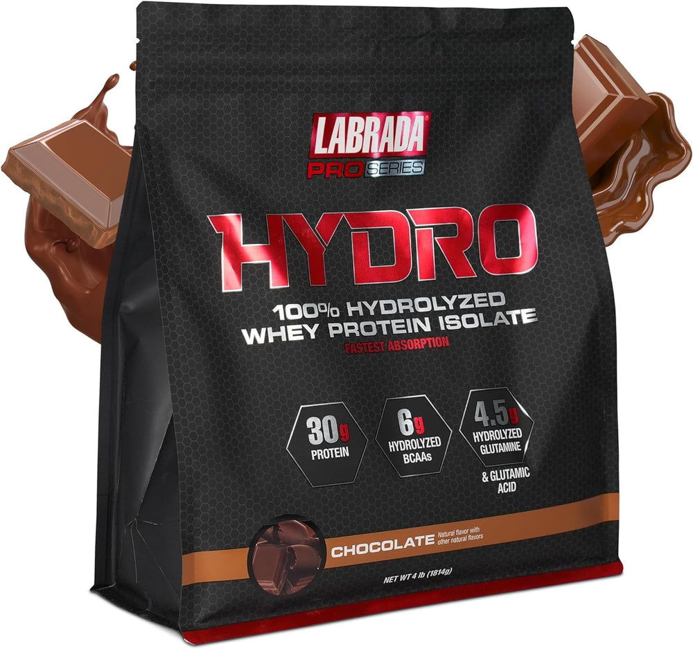 Labrada Hydro whey chocolate jar – 100% hydrolyzed isolate for fast protein uptake.