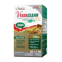 LABO Nutrition VesseCLEAR CX bottle labeled for nattokinase and gamma-oryzanol benefits for circulatory support