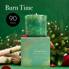 LAFCO New York Woodland Spruce burn-time label detail helps plan cozy evenings.