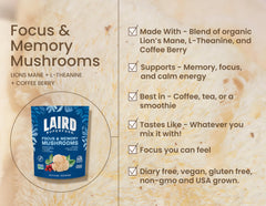 Laird Superfood Focus ingredients label close-up shows organic components and no fillers