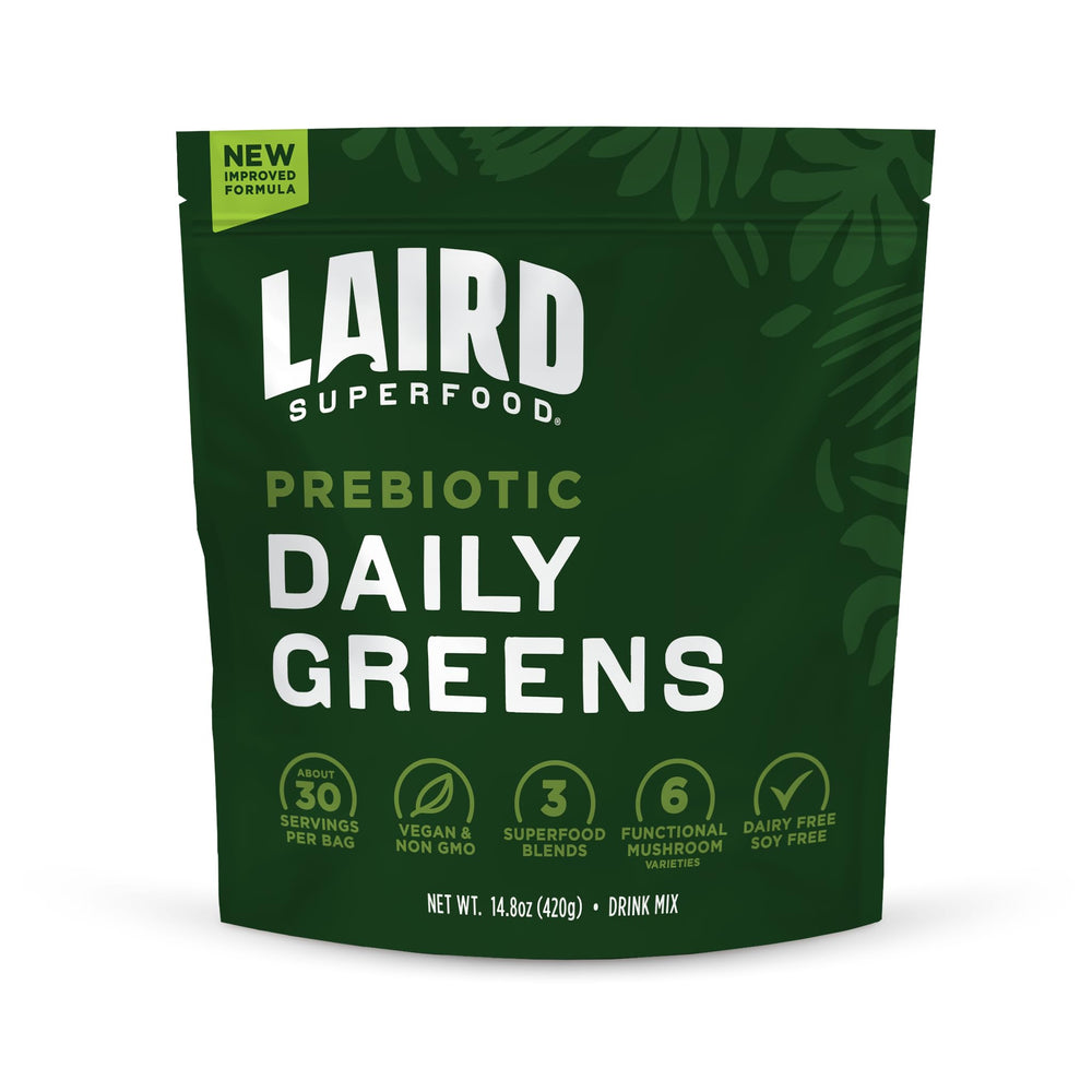 Laird Superfood Prebiotic Daily Greens powder pour promotes quick mixing for a nutritious start