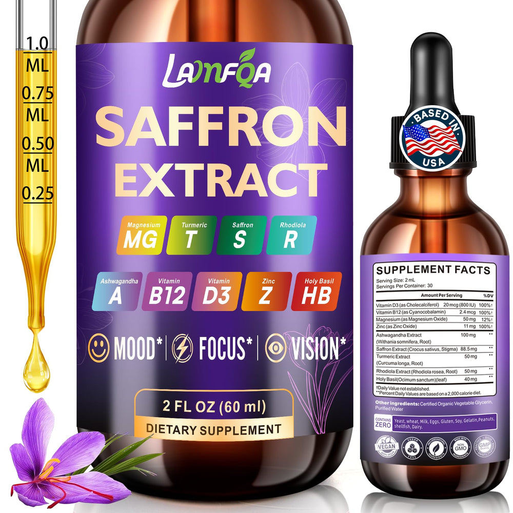 LAMFQA saffron extract liquid bottle for convenient daily drops and antioxidant support.