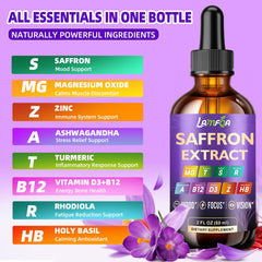 LAMFQA saffron liquid drops being poured for easy daily use and mood support.