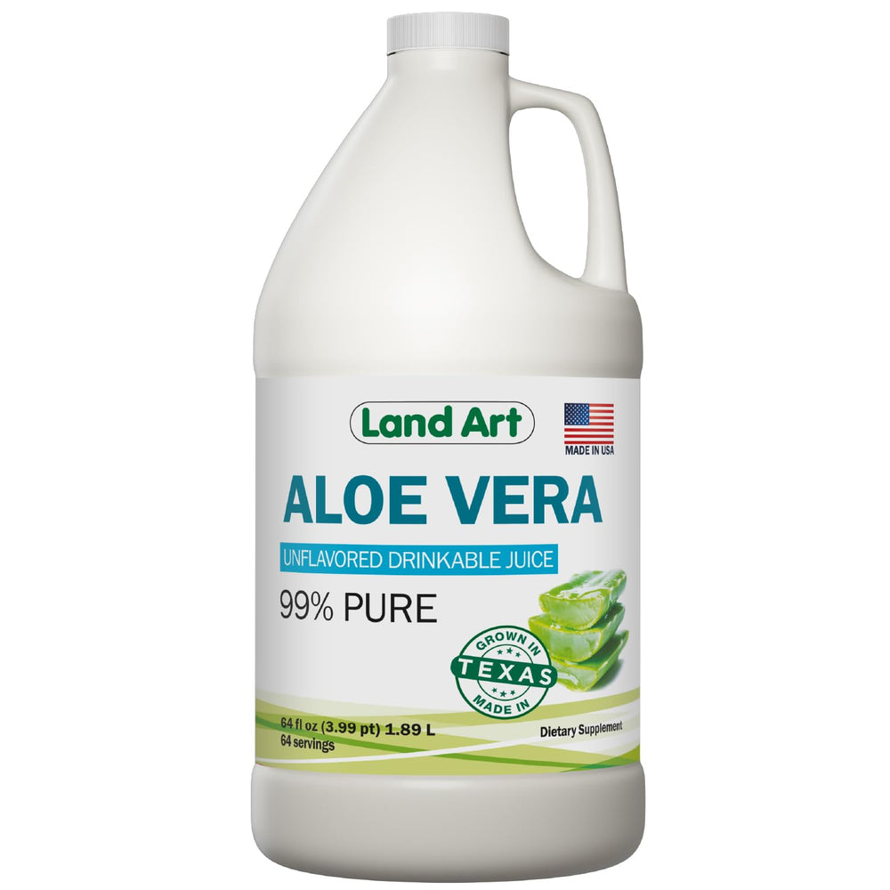 Land Art Pure Aloe Vera Juice bottle ready to mix with water for gentle digestion