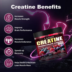 LANSHI Creatine Monohydrate Gummies close-up texture with smooth bite and no chalk.