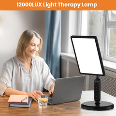 LASTAR light therapy lamp head-rotation enables targeted illumination for reading or work.
