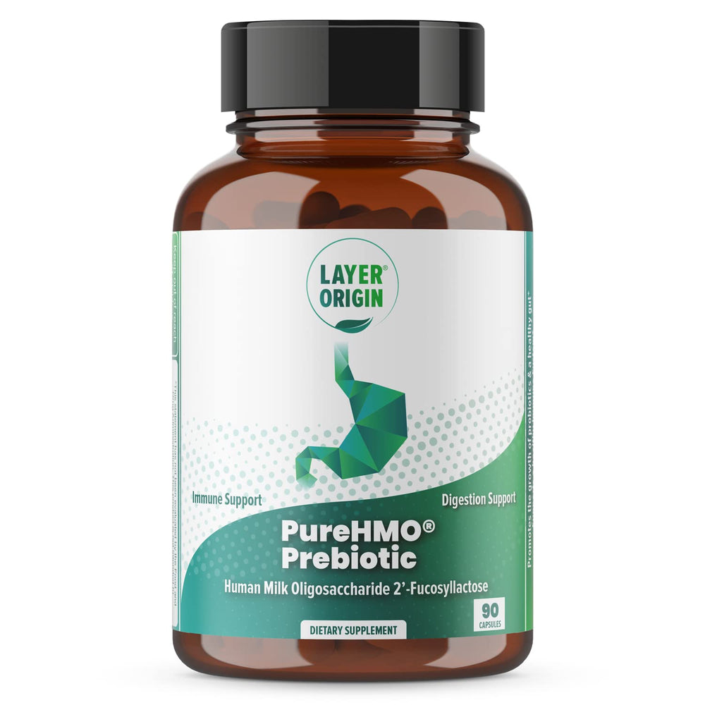Layer Origin PureHMO bottle front view shows premium pure 2'-FL prebiotic fiber