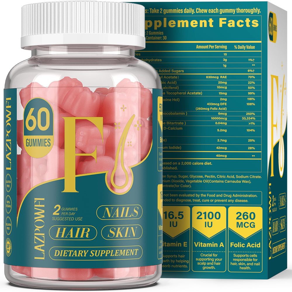 Lazpowfi Biotin Gummies bottle with raspberry flavor supports hair and nails health.