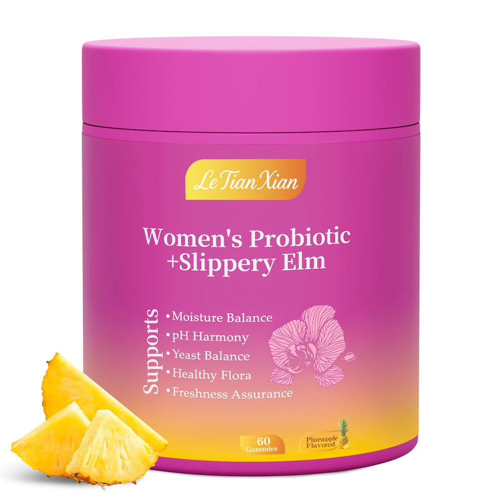 Le Tian Xian Her Juicy Gummies bottle front showcasing pineapple flavor and probiotic support