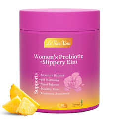 Le Tian Xian Her Juicy Gummies bottle front showcasing pineapple flavor and probiotic support