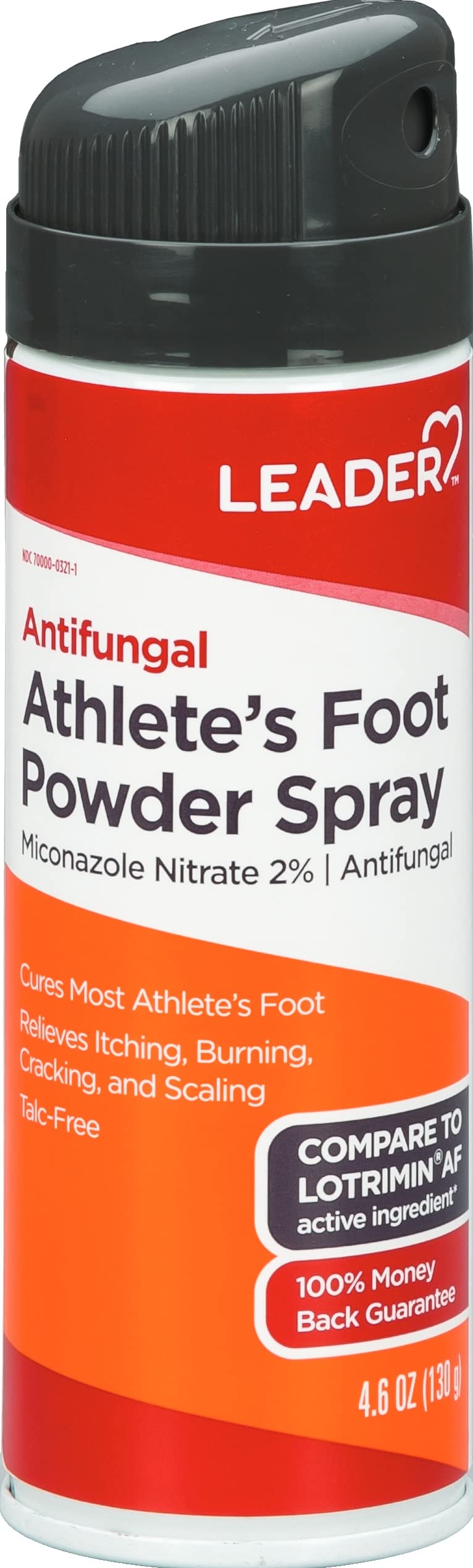 Leader Athlete's Foot Powder Spray bottle ready for use to cool and dry feet.